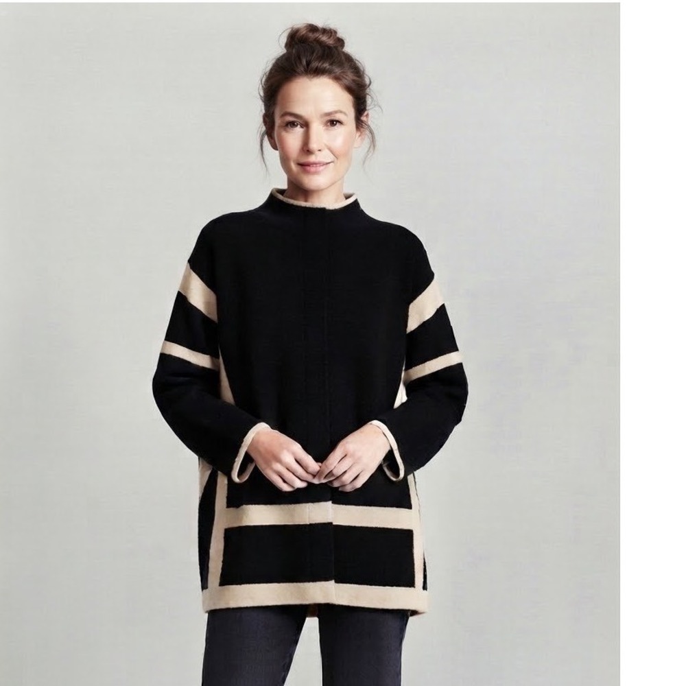 Entro Sweater Black Cream Geometric Stripe Mock Neck Poncho Women Size M